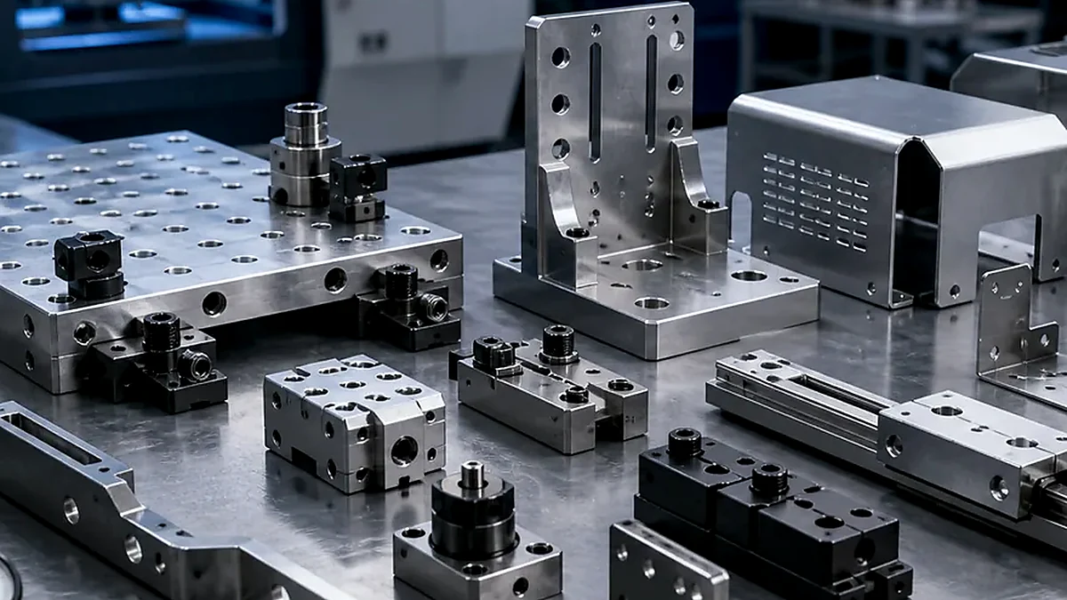 Close-up of printed tooling aids, setup blocks and industrial fixture components.