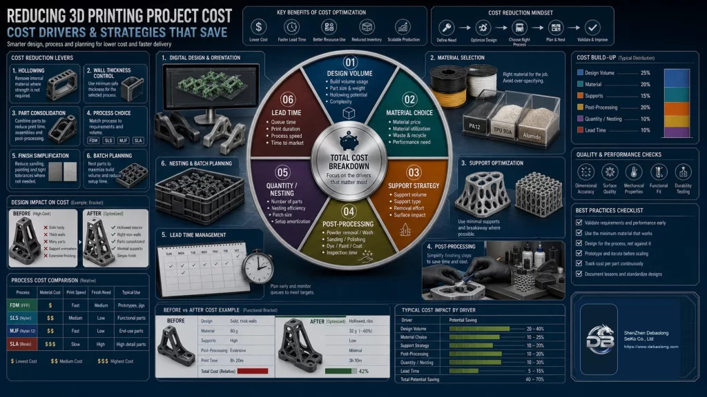 3D printing cost reduction driver map showing design volume, material choice, support strategy, post-processing, nesting and lead time factors.