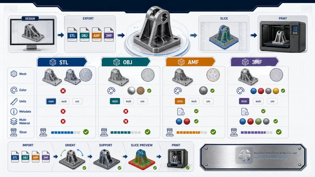 3D printing file format comparison showing STL OBJ AMF and 3MF support for mesh color units metadata and slicer workflow