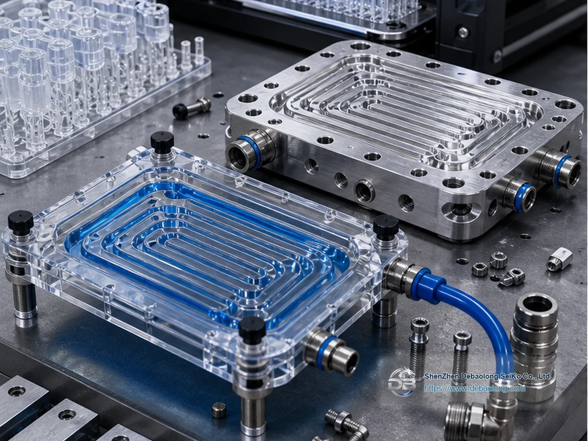 Manufacturing diagram of 3D printed liquid cooling prototypes showing coolant channels, O-ring groove sealing, material interfaces and tolerances.