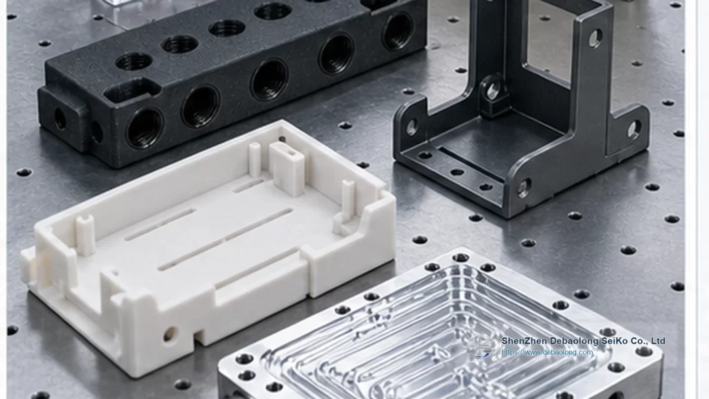 CNC machining photo of 3D printed liquid cooling prototypes with ports, mounting holes, inspected surface finish and thermal management hardware.