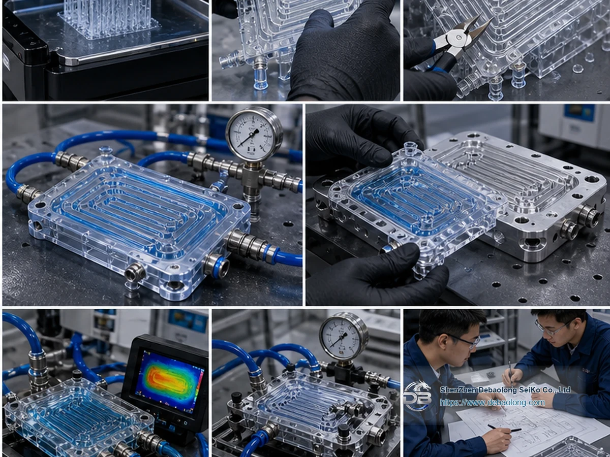 Quality workflow for 3D printed liquid cooling prototypes with CNC machining, deburring, surface treatment, inspection, leak testing and clean packaging.