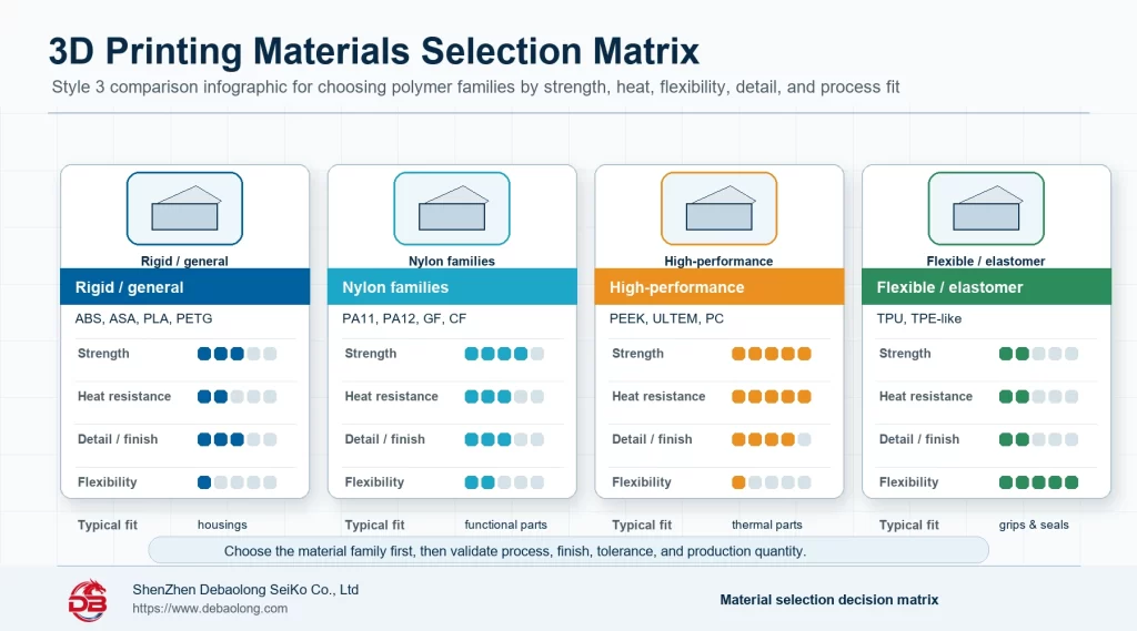 3D printing materials selection matrix comparing rigid plastics nylon families high performance polymers flexible materials process fit strength heat resistance and detail
