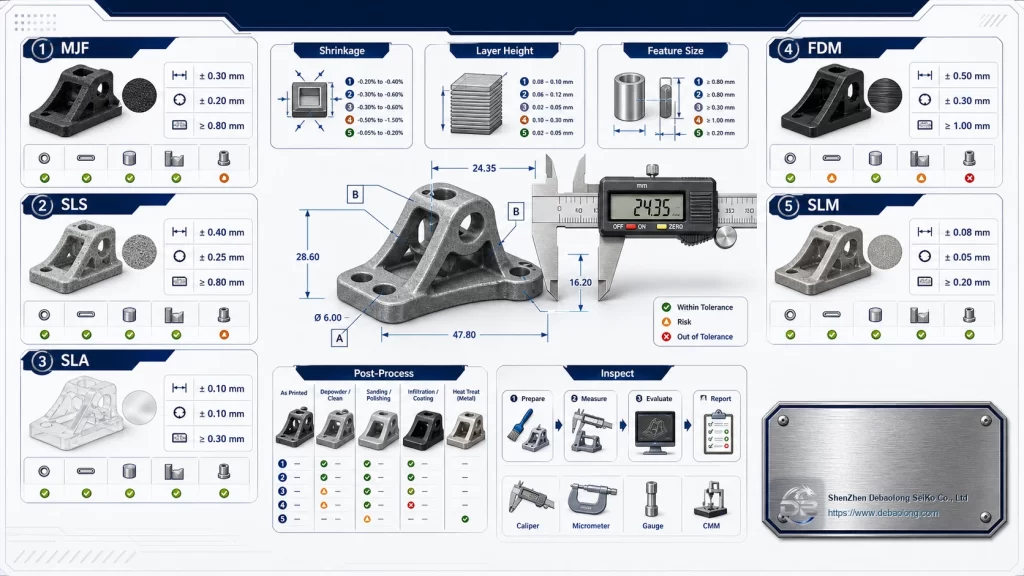 3D printing tolerance comparison showing MJF SLS SLA FDM and SLM parts with measurement callouts and inspection tools