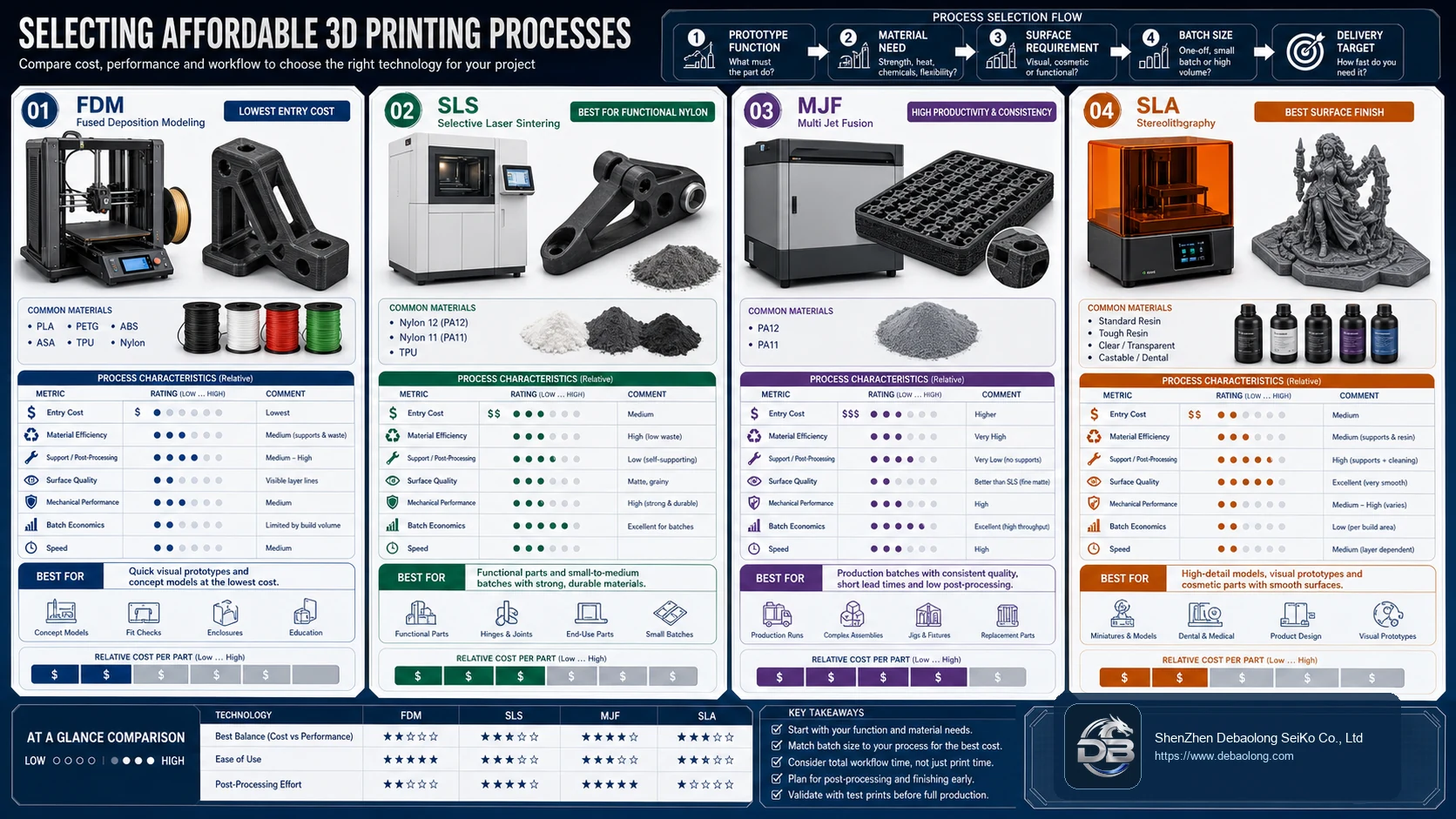 Affordable 3D printing process selection comparison for FDM, SLS, MJF and SLA across cost, material efficiency, finish and batch economics.