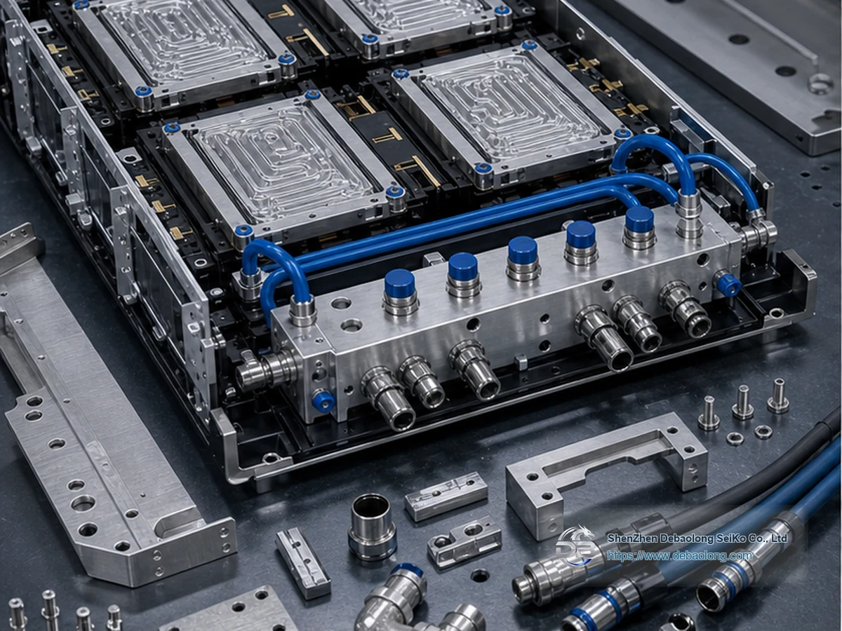 Manufacturing diagram of AI server liquid cooling components showing coolant channels, O-ring groove sealing, material interfaces and tolerances.