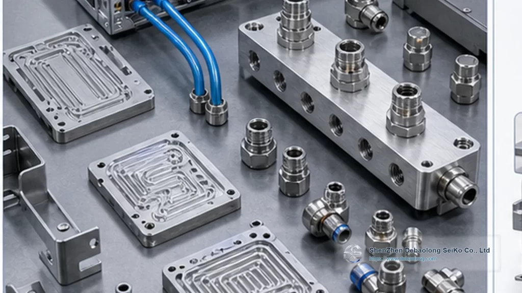 CNC machining photo of AI server liquid cooling components with ports, mounting holes, inspected surface finish and thermal management hardware.