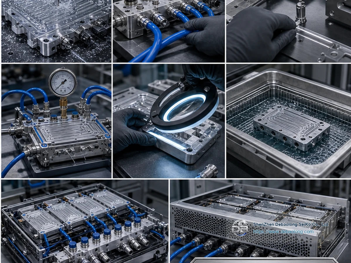 Quality workflow for AI server liquid cooling components with CNC machining, deburring, surface treatment, inspection, leak testing and clean packaging.
