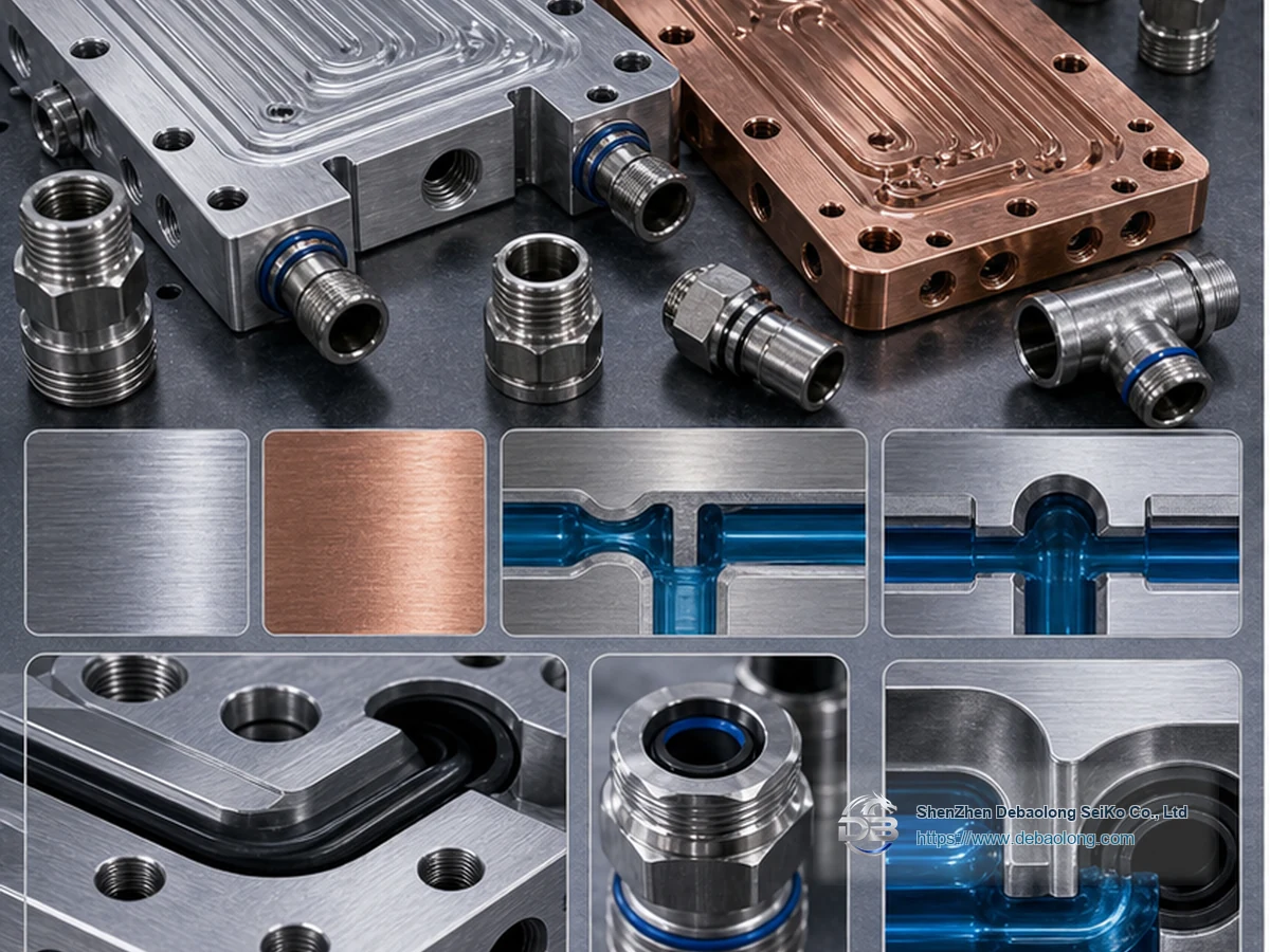 Manufacturing diagram of aluminum copper and stainless cooling parts showing coolant channels, O-ring groove sealing, material interfaces and tolerances.