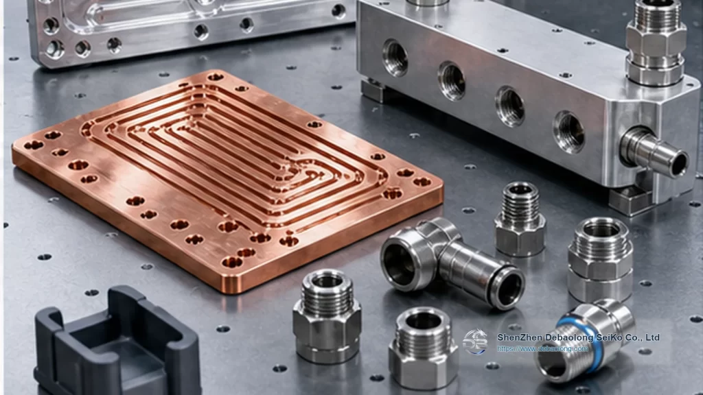 CNC machining photo of aluminum copper and stainless cooling parts with ports, mounting holes, inspected surface finish and thermal management hardware.