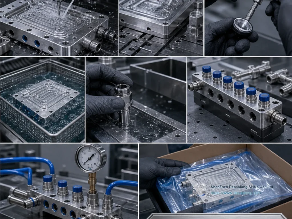 Quality workflow for aluminum copper and stainless cooling parts with CNC machining, deburring, surface treatment, inspection, leak testing and clean packaging.