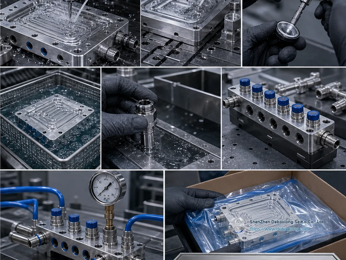 Quality workflow for aluminum copper and stainless cooling parts with CNC machining, deburring, surface treatment, inspection, leak testing and clean packaging.
