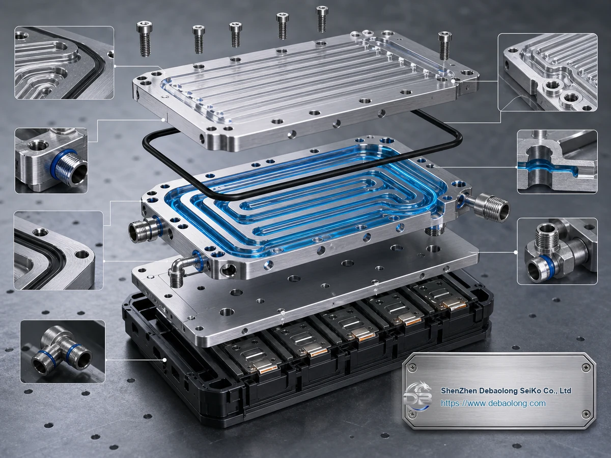 Manufacturing diagram of battery liquid cooling plates showing coolant channels, O-ring groove sealing, material interfaces and tolerances.