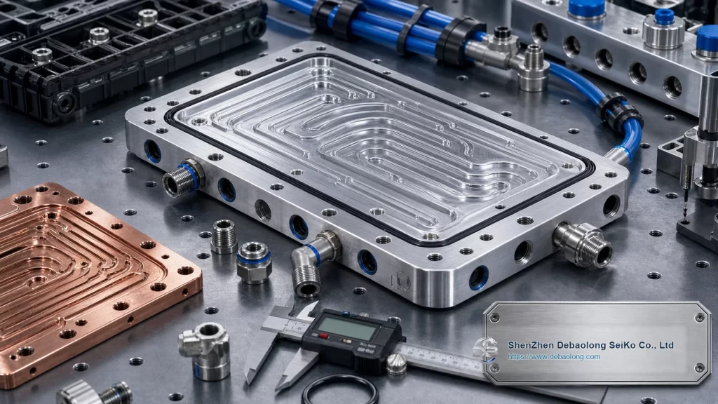 CNC machining photo of battery liquid cooling plates with ports, mounting holes, inspected surface finish and thermal management hardware.