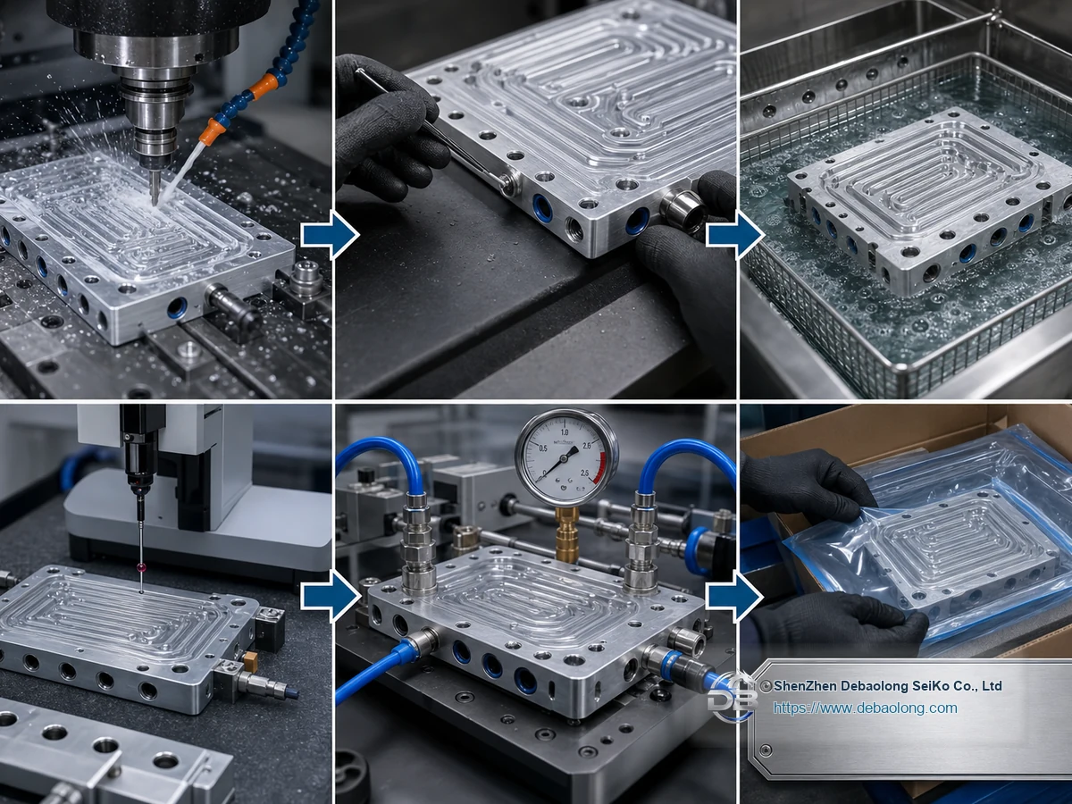 Quality workflow for battery liquid cooling plates with CNC machining, deburring, surface treatment, inspection, leak testing and clean packaging.