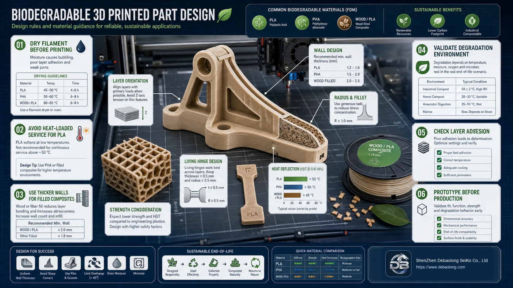 Biodegradable 3D printed part design rules diagram showing drying, wall design, heat limits, degradation environment and layer adhesion checks.