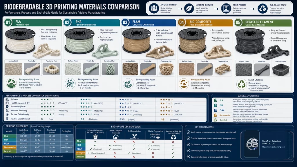 Biodegradable 3D printing material comparison dashboard covering PLA, PHA, FLAM, bio-composite and recycled filament options.