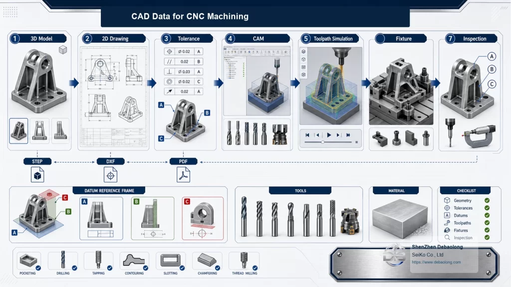 CAD data for CNC machining diagram showing 3D model technical drawing STEP file CNC toolpath fixture setup and inspected machined part
