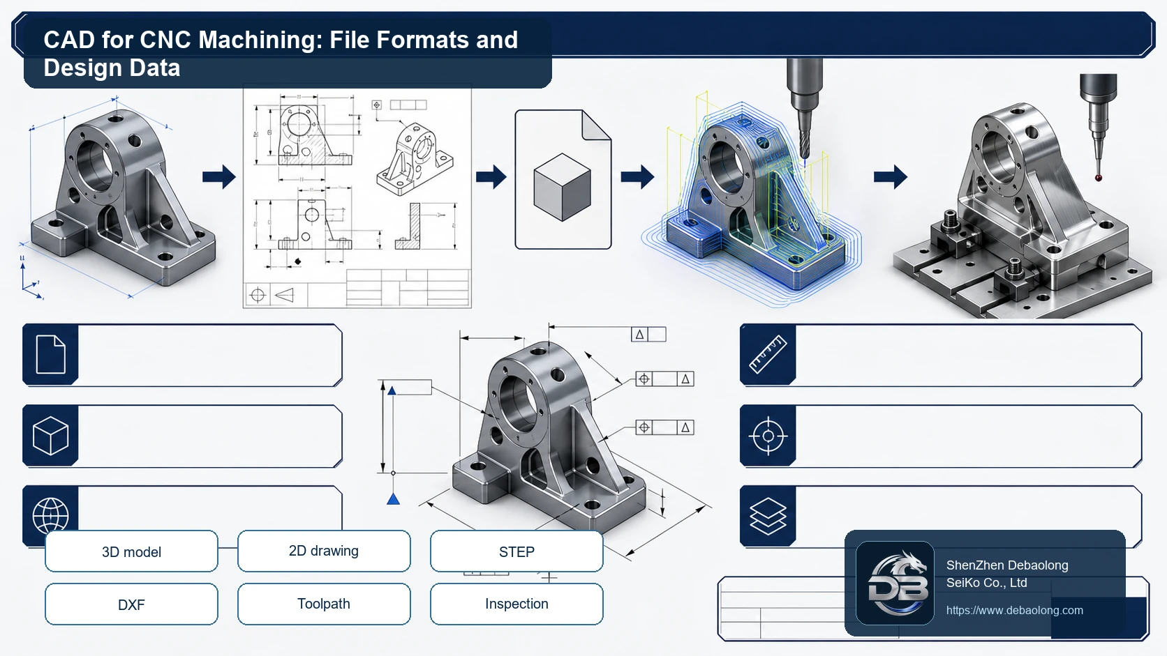 CAD data for CNC machining diagram showing 3D model, technical drawing, STEP file, CNC toolpath, fixture setup and inspected machined part.