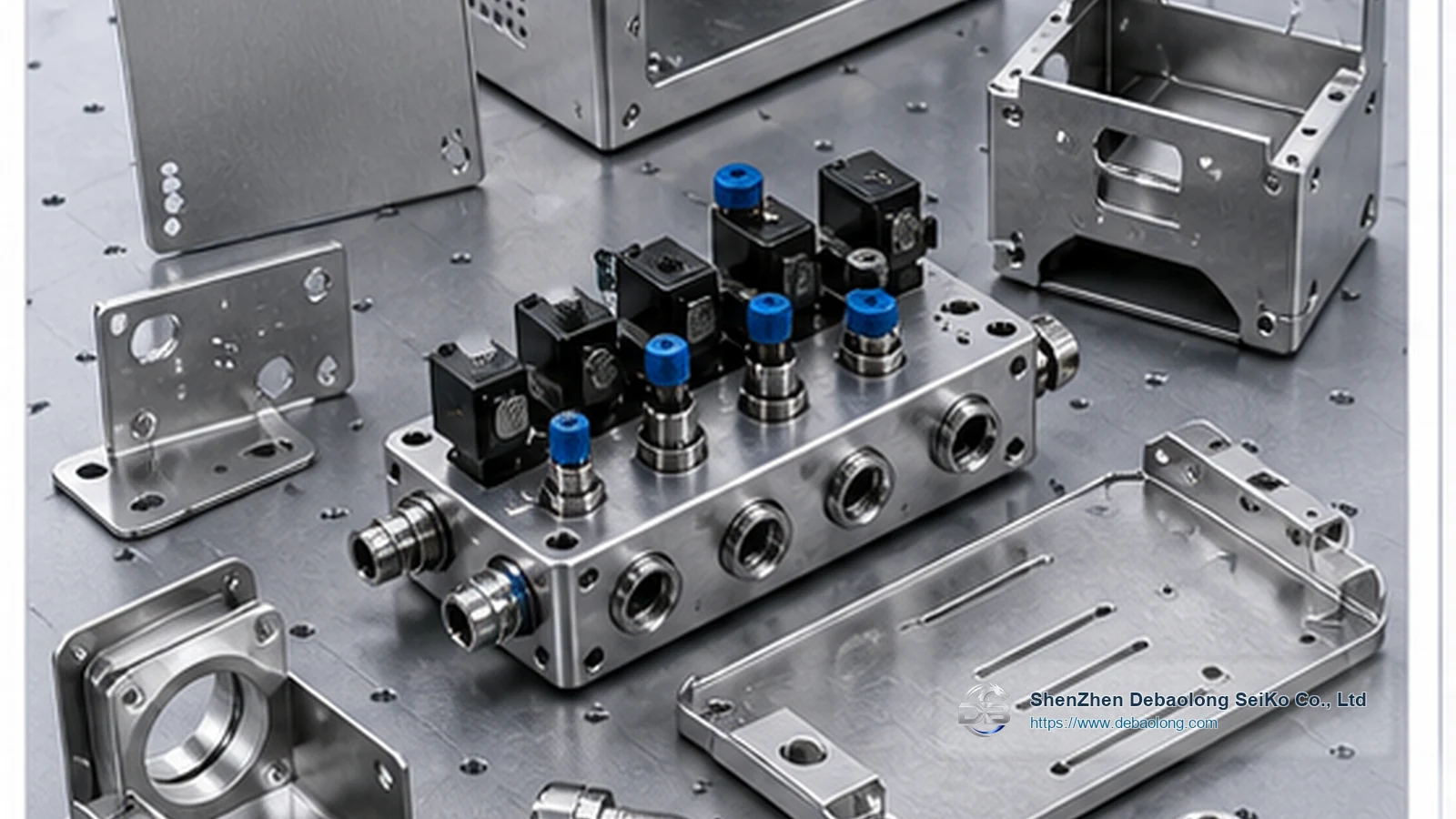 CNC machining photo of CDU valve blocks and enclosures with ports, mounting holes, inspected surface finish and thermal management hardware.