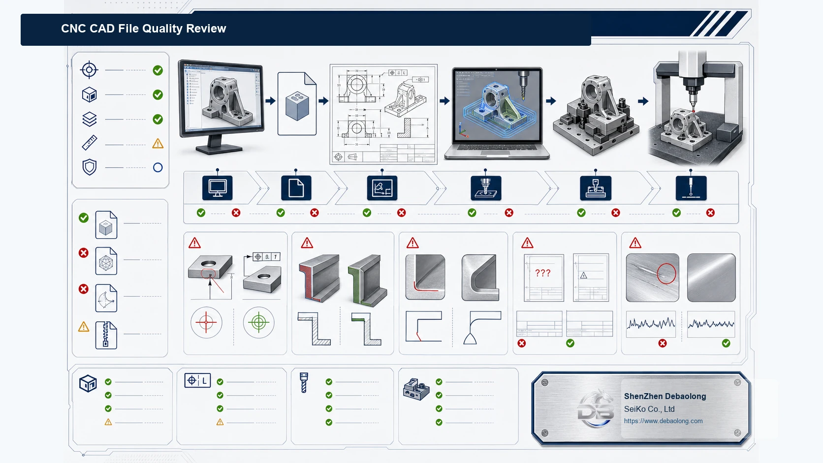 CNC CAD file quality review diagram showing STEP model, 2D drawing, tolerance notes, material callouts, CAM toolpath and CMM inspection.