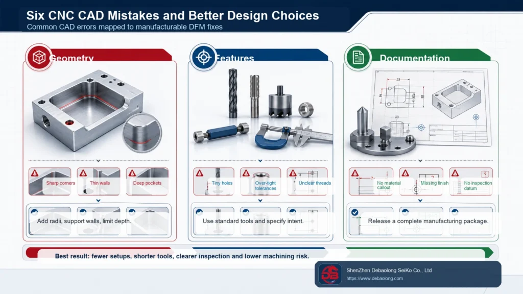 CNC CAD mistakes and DFM fixes comparison board showing geometry errors, feature errors, documentation gaps, and manufacturable design choices.