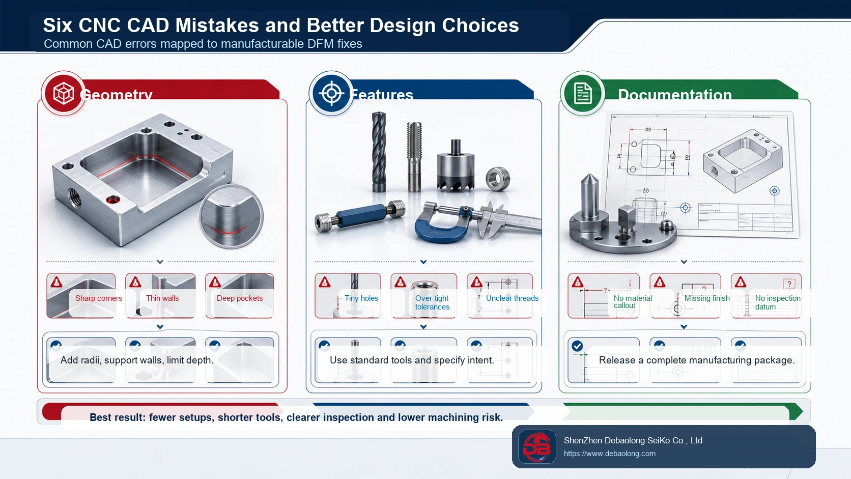 CNC CAD mistakes and DFM fixes comparison board showing geometry errors, feature errors, documentation gaps, and manufacturable design choices.