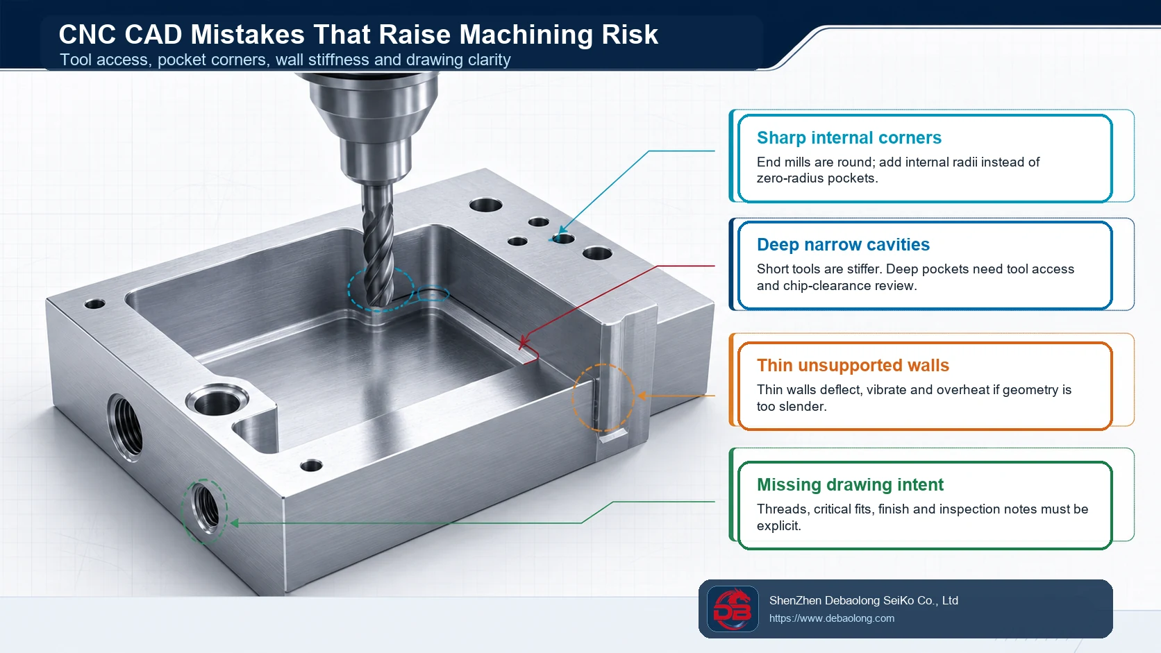 CNC CAD mistake infographic showing sharp internal corners, deep narrow pockets, thin unsupported walls, tool access, and drawing intent for machined parts.