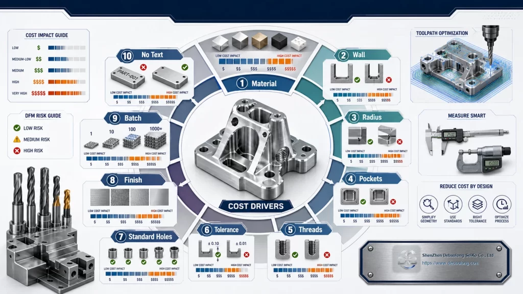 CNC cost reduction infographic showing material finish batch quantity wall thickness radius pocket depth threads tolerance and standard holes