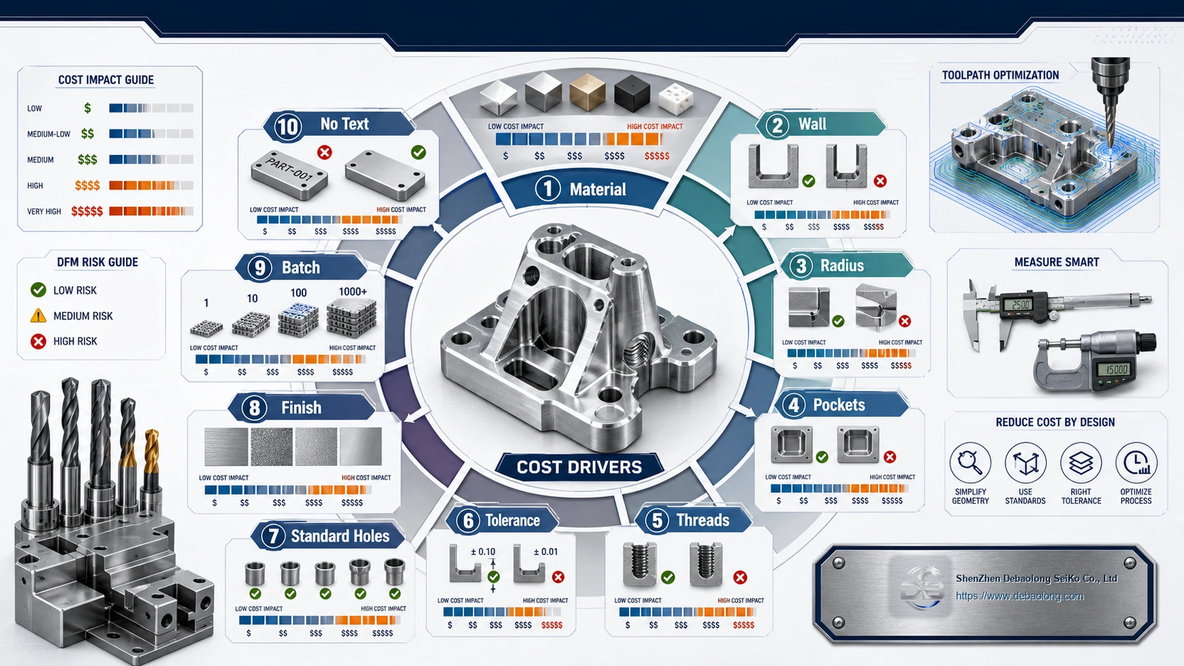 CNC cost reduction infographic showing material, finish, batch quantity, wall thickness, radius, pocket depth, threads, tolerance and standard holes.