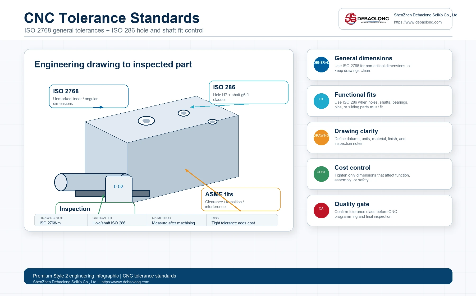 ISO tolerance standards infographic for CNC machining showing ISO 2768 general tolerances and ISO 286 hole and shaft fit control