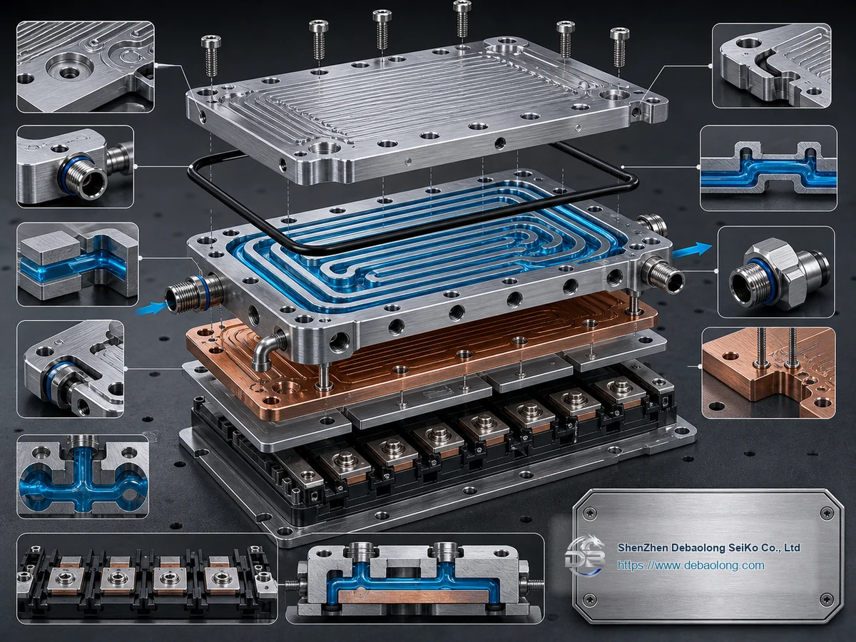 Manufacturing diagram of CNC machined power module cold plates showing coolant channels, O-ring groove sealing, material interfaces and tolerances.