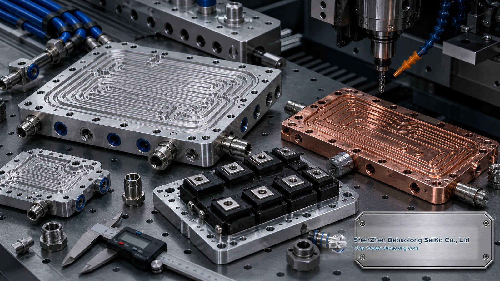 CNC machining photo of CNC machined power module cold plates with ports, mounting holes, inspected surface finish and thermal management hardware.