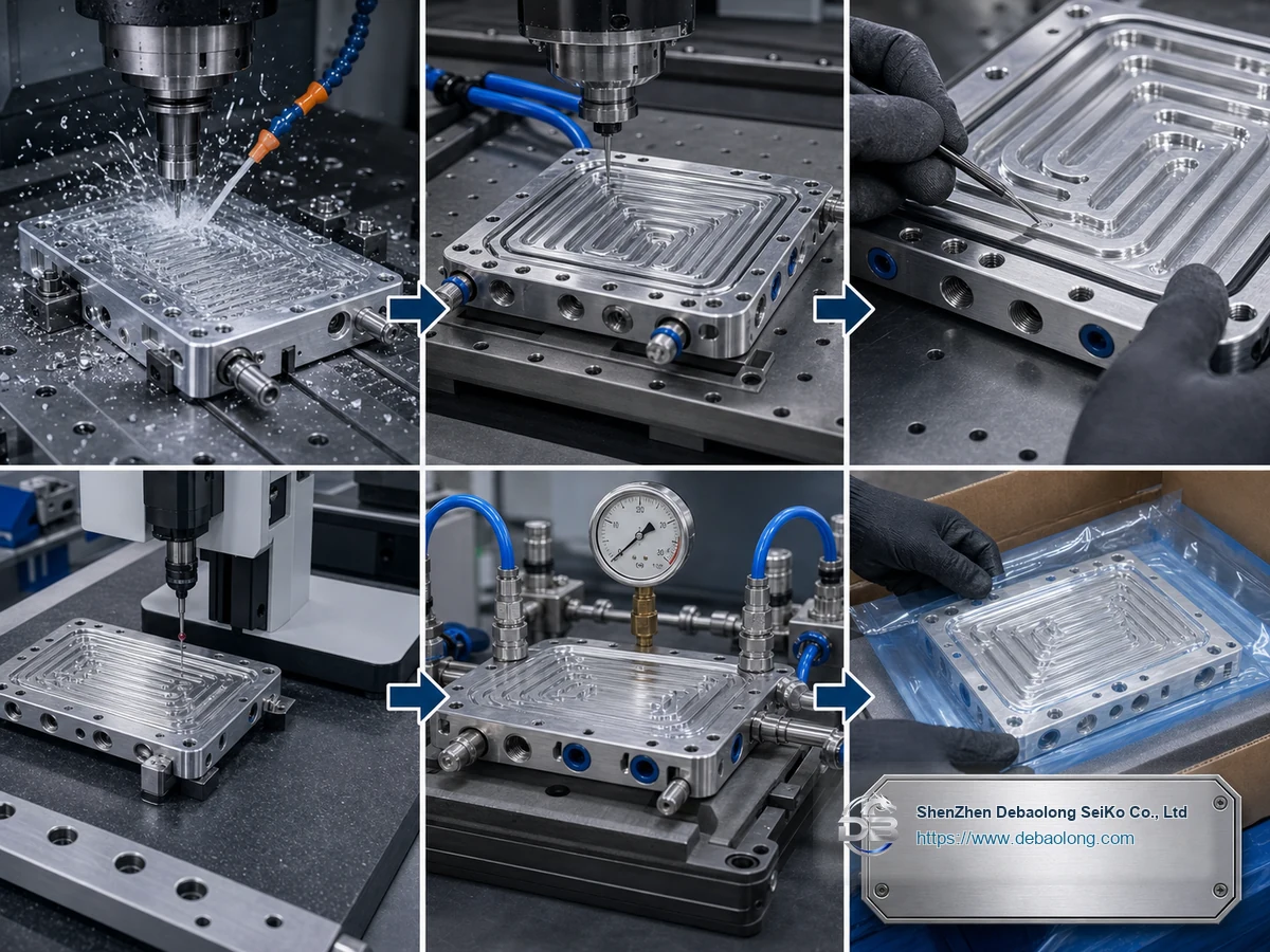 Quality workflow for CNC machined power module cold plates with CNC machining, deburring, surface treatment, inspection, leak testing and clean packaging.