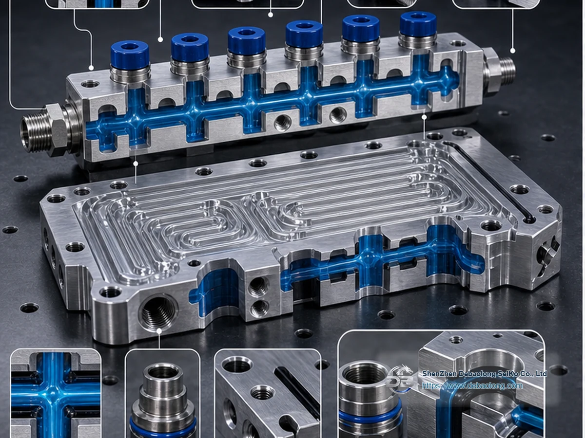 Manufacturing diagram of CNC cooling channels and O-ring grooves showing coolant channels, O-ring groove sealing, material interfaces and tolerances.