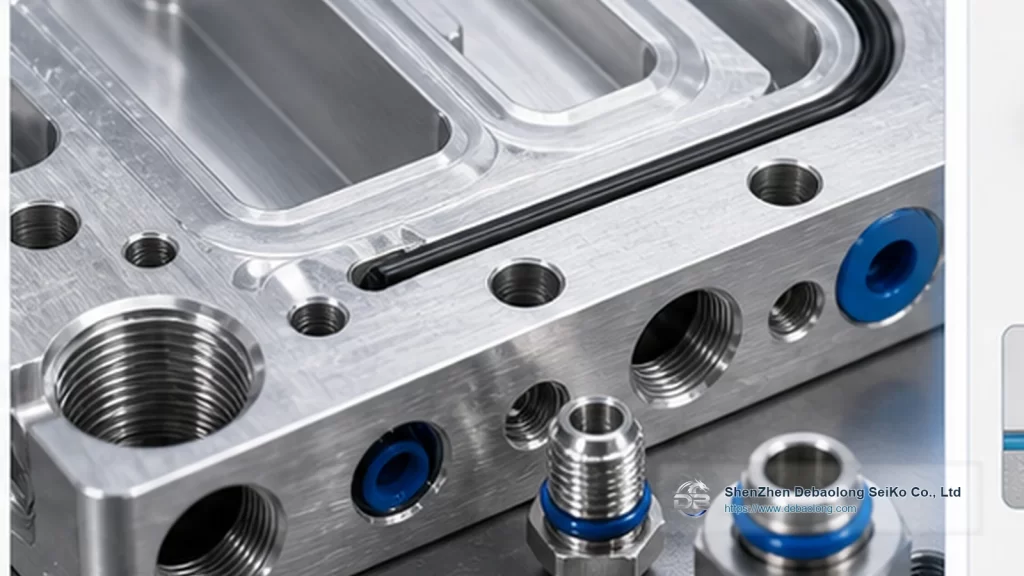 CNC machining photo of CNC cooling channels and O-ring grooves with ports, mounting holes, inspected surface finish and thermal management hardware.