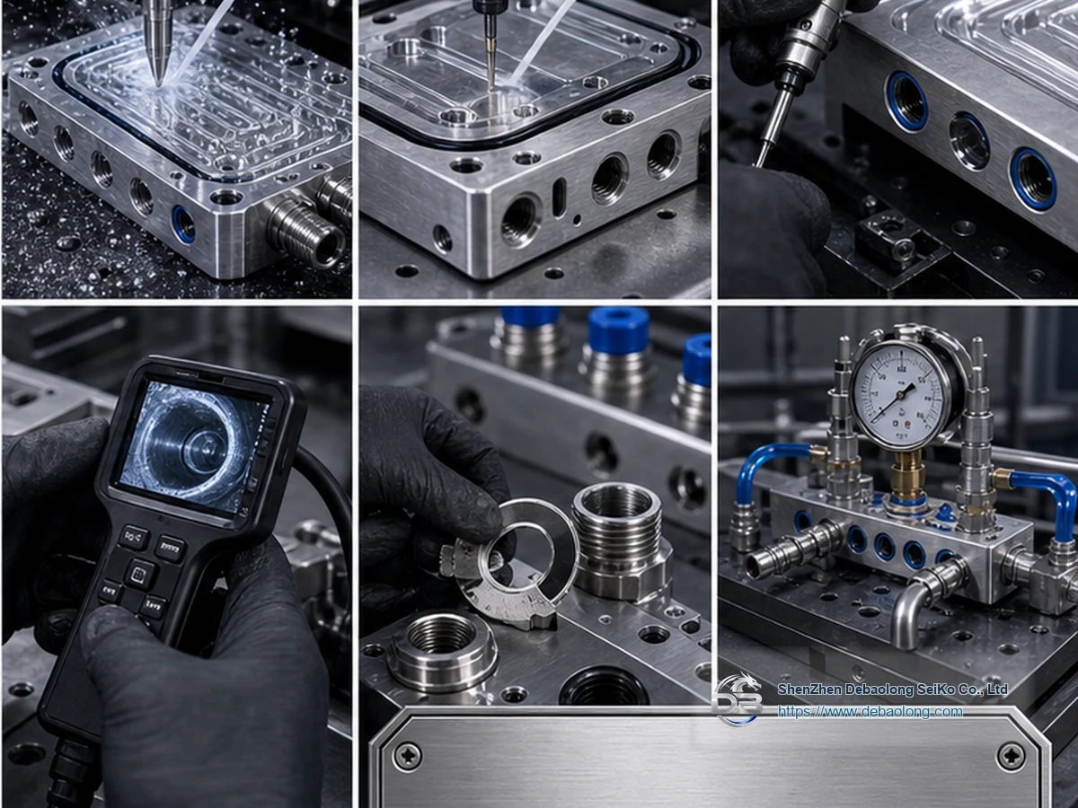 Quality workflow for CNC cooling channels and O-ring grooves with CNC machining, deburring, surface treatment, inspection, leak testing and clean packaging.
