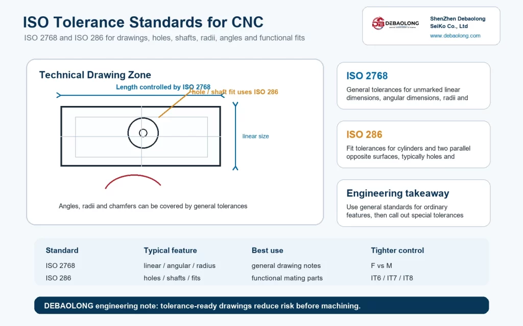 ISO tolerance standards infographic for CNC machining showing ISO 2768 general tolerances and ISO 286 hole and shaft fit control