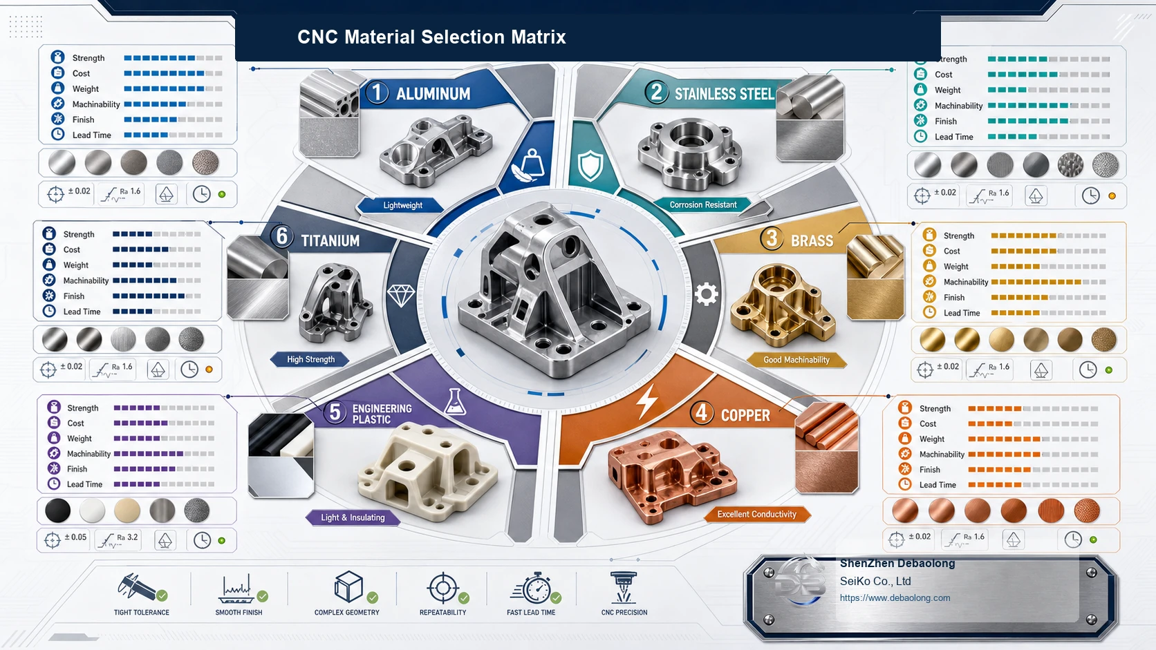 CNC machining material selection comparison showing aluminum, stainless steel, brass, titanium and engineering plastic options for custom parts.