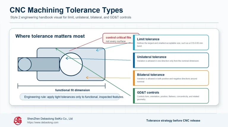 CNC machining tolerance types infographic showing limit tolerance, unilateral tolerance, bilateral tolerance, GD&T controls, and critical fit dimensions.