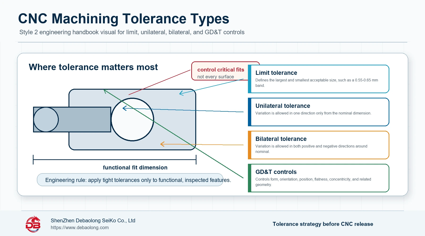 CNC machining tolerance types infographic showing limit tolerance, unilateral tolerance, bilateral tolerance, GD&T controls, and critical fit dimensions.
