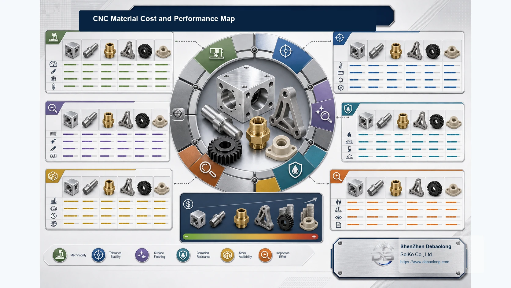 CNC material cost and performance infographic showing machinability, tolerance stability, corrosion resistance, surface finishing and inspection effort.