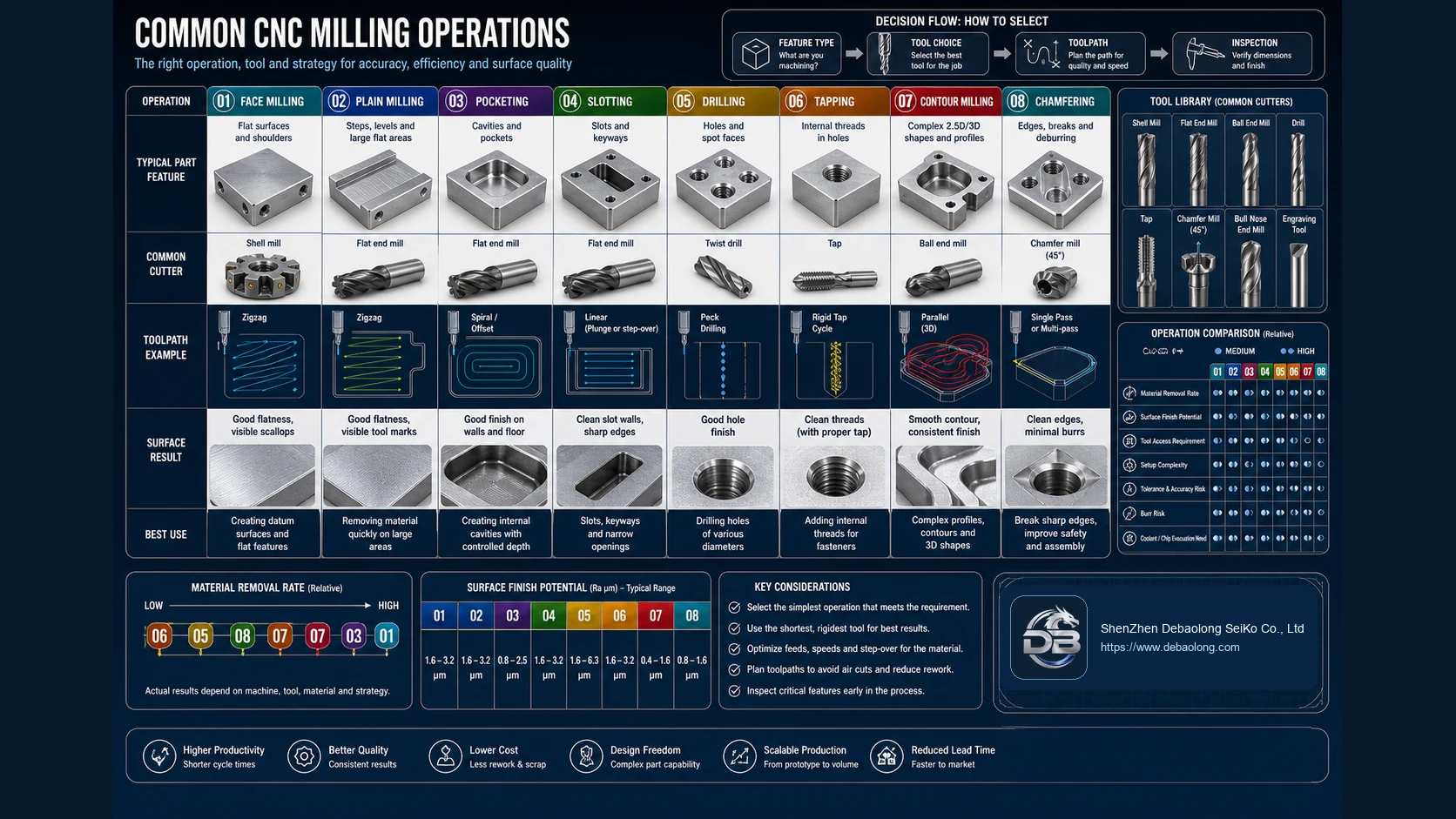 Common CNC milling operations comparison showing face milling, plain milling, pocketing, slotting, drilling, tapping, contour milling and chamfering.