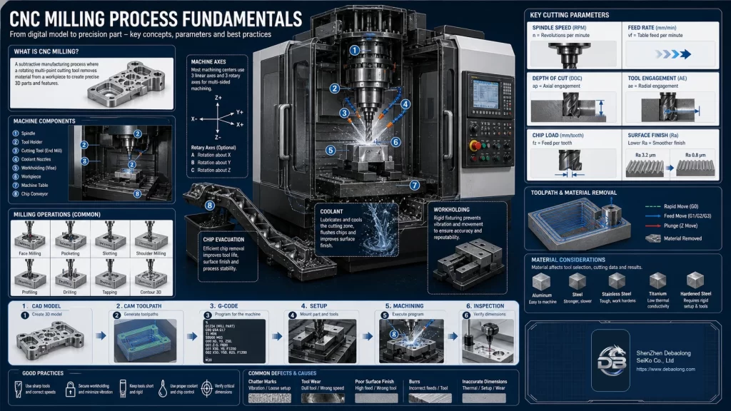 CNC milling process fundamentals diagram showing spindle, tool holder, cutter, coolant, workholding, machine axes, CAD, CAM, G-code and inspection workflow.