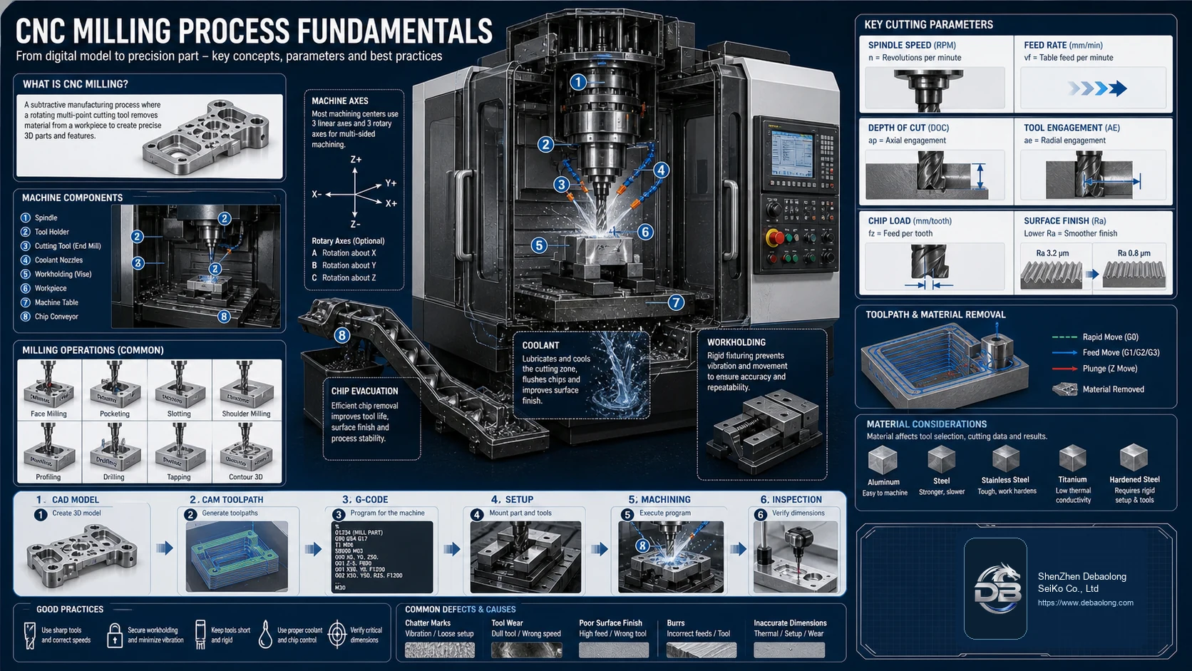 CNC milling process fundamentals diagram showing spindle, tool holder, cutter, coolant, workholding, machine axes, CAD, CAM, G-code and inspection workflow.
