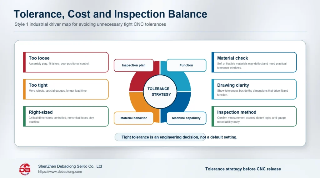 CNC tolerance cost and inspection balance infographic showing function, machine capability, material behavior, drawing clarity, and inspection planning.