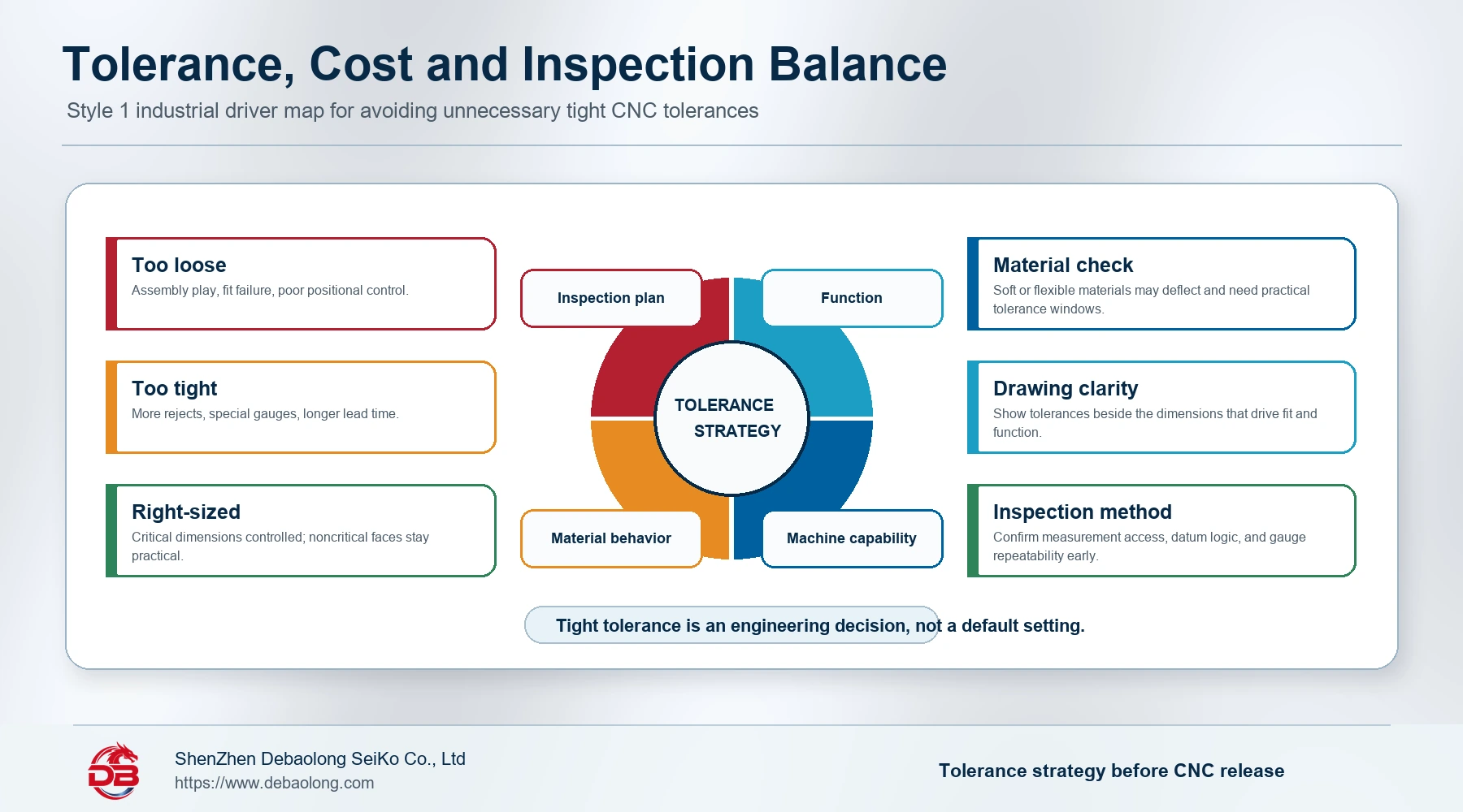 CNC tolerance cost and inspection balance infographic showing function, machine capability, material behavior, drawing clarity, and inspection planning.