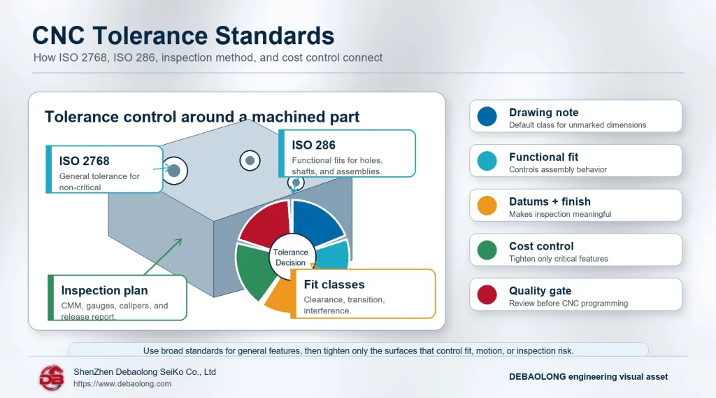 Premium CNC tolerance standards infographic showing ISO 2768 ISO 286 inspection planning fit class decisions cost control and quality gate factors for machined parts