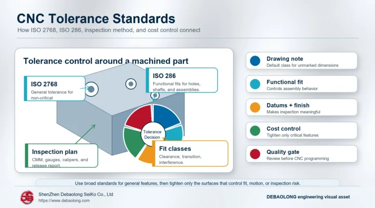 Premium CNC tolerance standards infographic showing ISO 2768, ISO 286, inspection planning, fit-class decisions, cost control, and quality gate factors for machined parts.