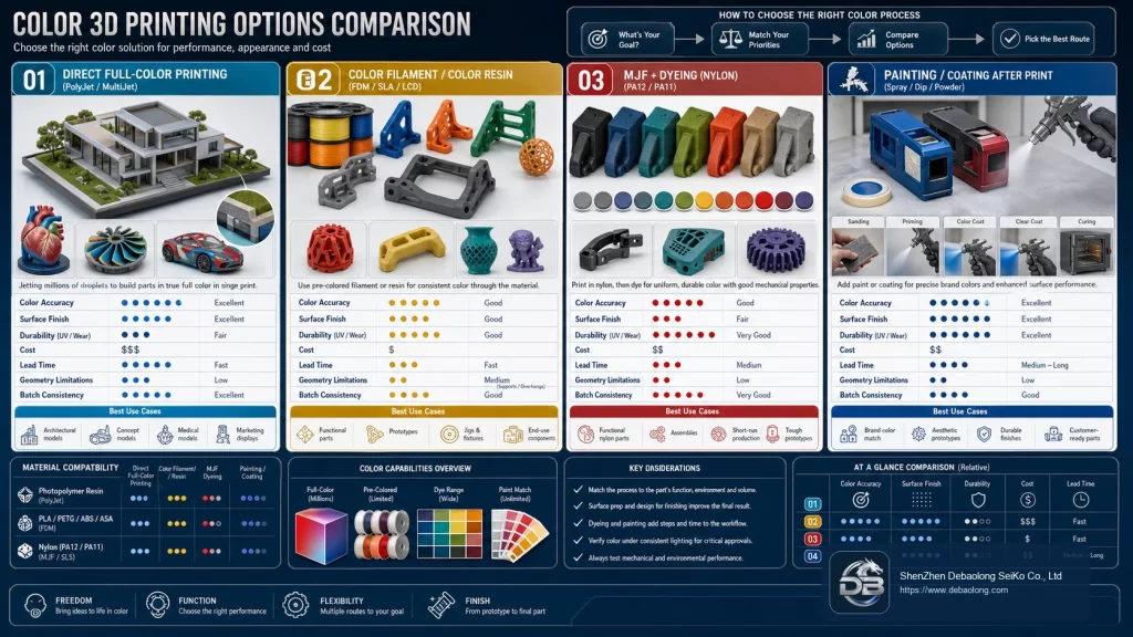 Color 3D printing options comparison showing direct full-color printing, colored filament or resin, dyed nylon and painting or coating routes.
